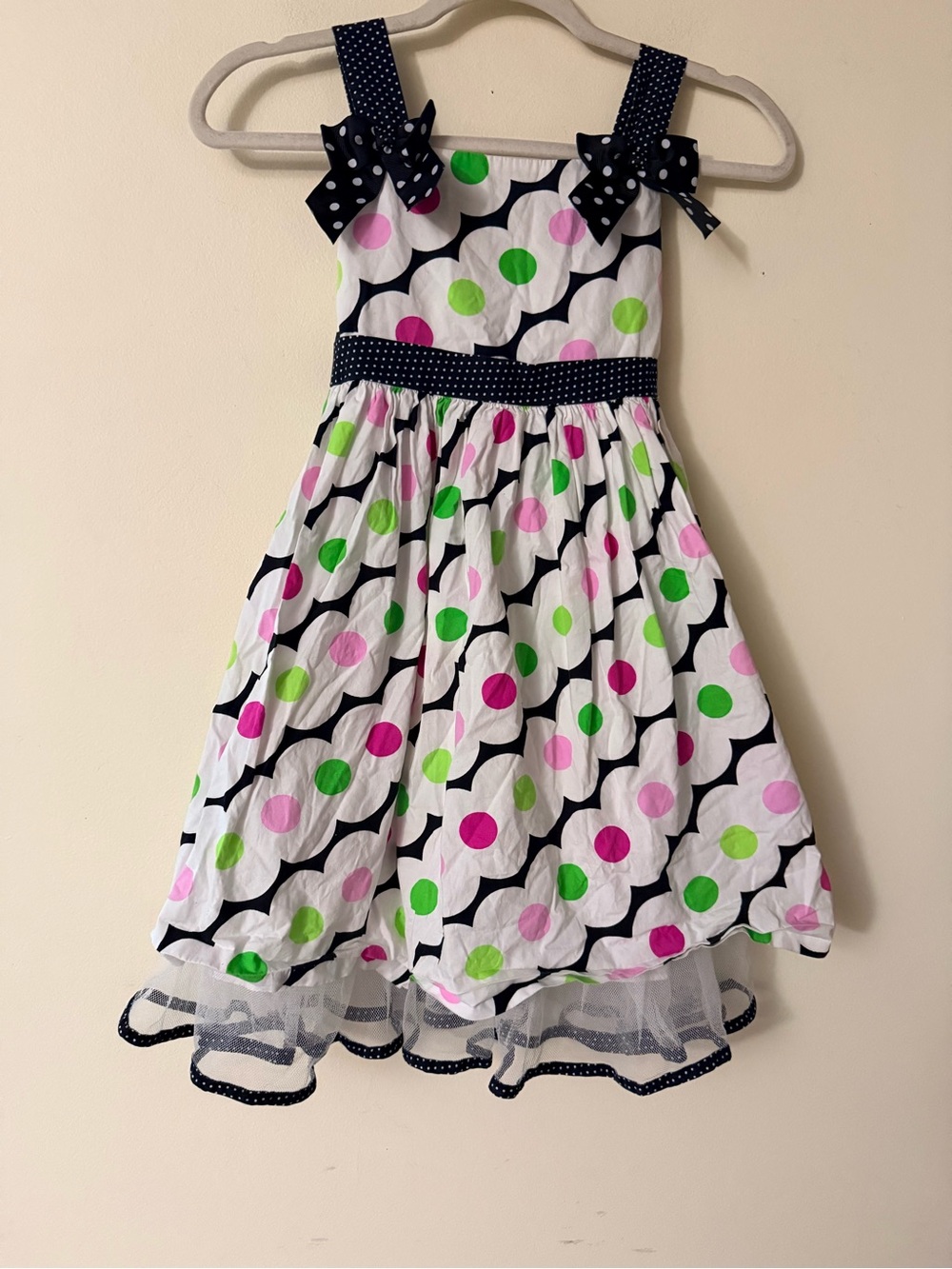 Bonnie Jean Girls White Polka Dot Party Dress with Crinoline Layer, sz 7